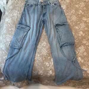 Zara Light Blue Flare Cargo Jeans